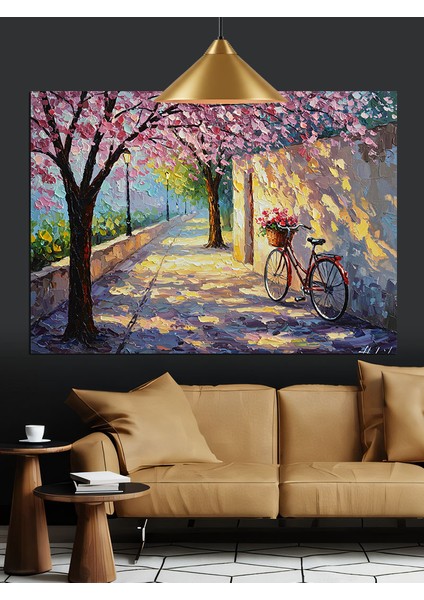 Kiraz Çiçekleri Altında Bisiklet Dekoratif Kanvas - Mdf Ahşap Tablo indirimleri