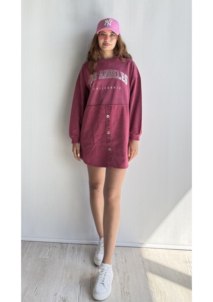 Kadın Yıkamalı Bisiklet Yaka Düğme Detaylı Uzun Kollu Sweatshirt Elbise