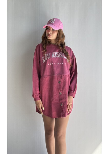 Kadın Yıkamalı Bisiklet Yaka Düğme Detaylı Uzun Kollu Sweatshirt Elbise fiyatları