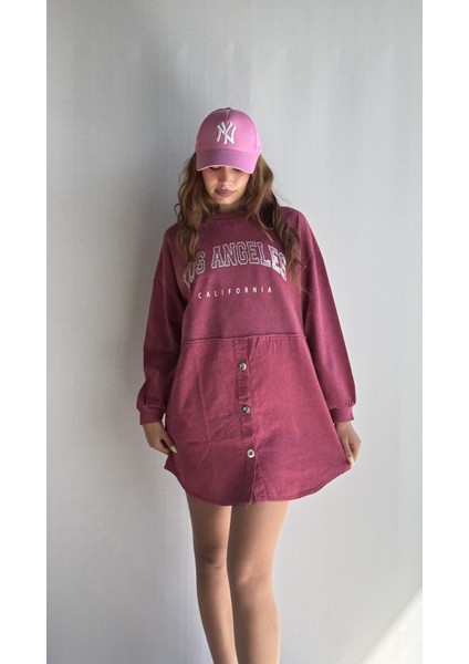 Kadın Yıkamalı Bisiklet Yaka Düğme Detaylı Uzun Kollu Sweatshirt Elbise fırsatları