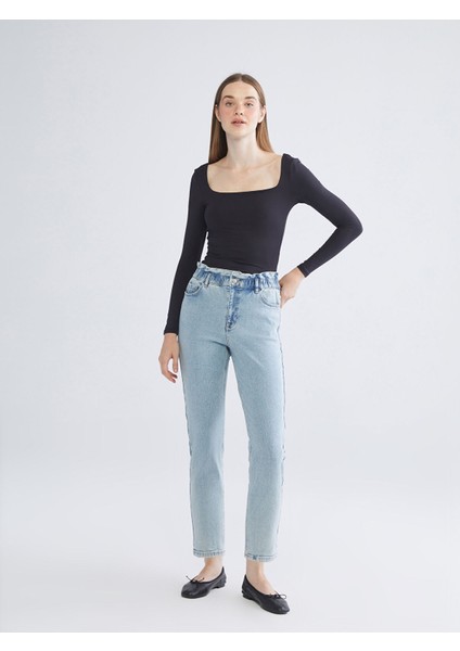 Yeni Sezon Beli Lastikli Slouchy Fit Kadın Jean Pantolon