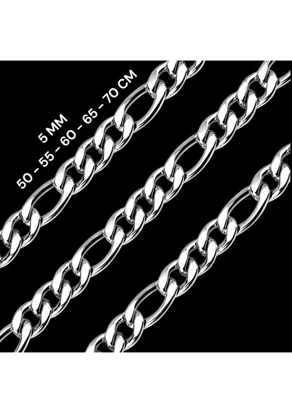 Gümüş Kaplama 316 L Paslanmaz Çelik Figaro 3+1 Zincir Kolye 5 Mm.