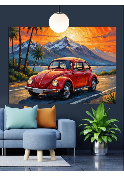 Kırmızı Klasik Araba Dağ Yolu Manzarası Dekoratif Kanvas - Mdf Ahşap Tablo
