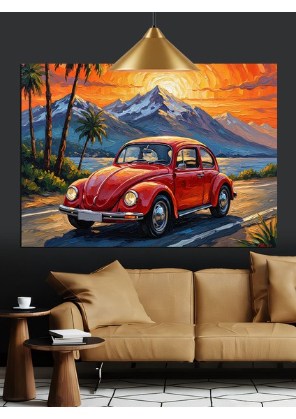 Kırmızı Klasik Araba Dağ Yolu Manzarası Dekoratif Kanvas - Mdf Ahşap Tablo fiyatları
