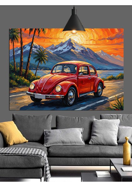 Kırmızı Klasik Araba Dağ Yolu Manzarası Dekoratif Kanvas - Mdf Ahşap Tablo modelleri