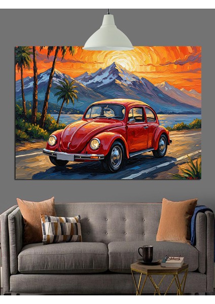 Kırmızı Klasik Araba Dağ Yolu Manzarası Dekoratif Kanvas - Mdf Ahşap Tablo fırsatları