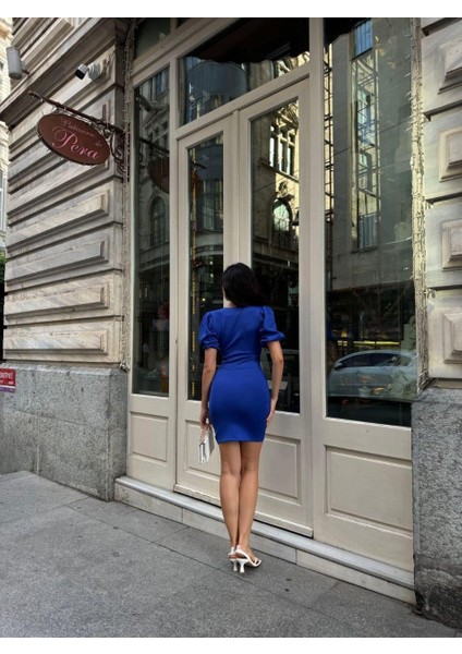 Kruvaze Yaka Balon Kol Büzgülü Elbise 583007 Saks fiyatları