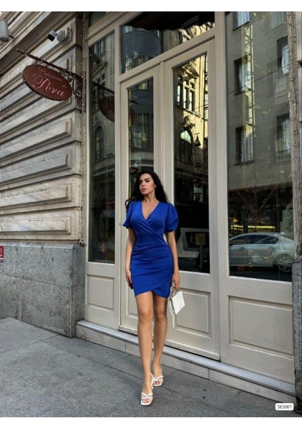 Kruvaze Yaka Balon Kol Büzgülü Elbise 583007 Saks fırsatları