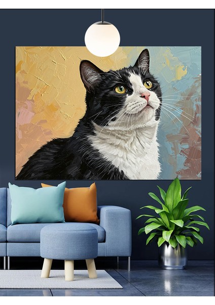 Yukarı Bakan Siyah Beyaz Kedi Portresi Dekoratif Kanvas - Mdf Ahşap Tablo