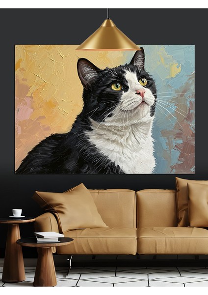Yukarı Bakan Siyah Beyaz Kedi Portresi Dekoratif Kanvas - Mdf Ahşap Tablo fiyatları