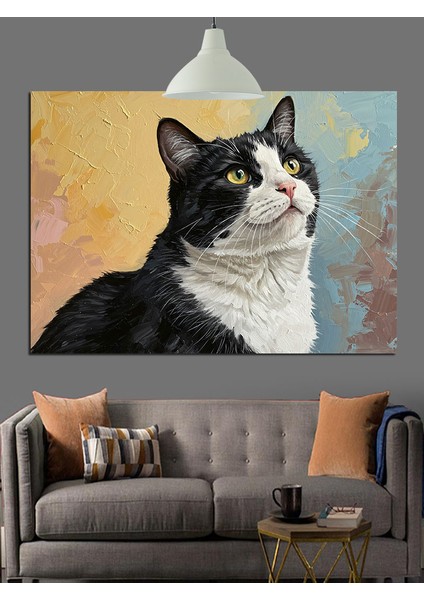 Yukarı Bakan Siyah Beyaz Kedi Portresi Dekoratif Kanvas - Mdf Ahşap Tablo fırsatları
