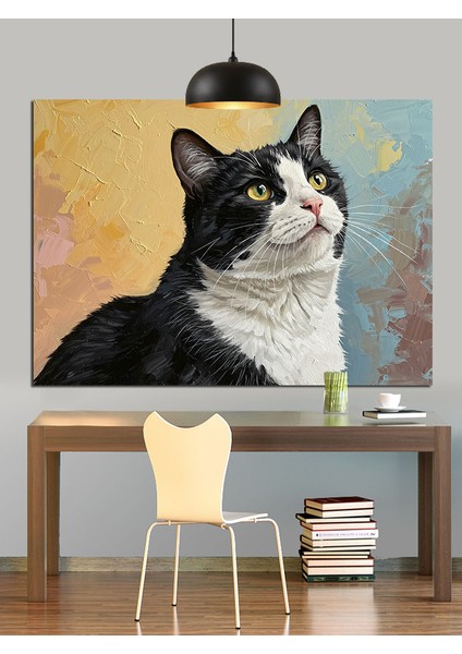 Yukarı Bakan Siyah Beyaz Kedi Portresi Dekoratif Kanvas - Mdf Ahşap Tablo indirimleri