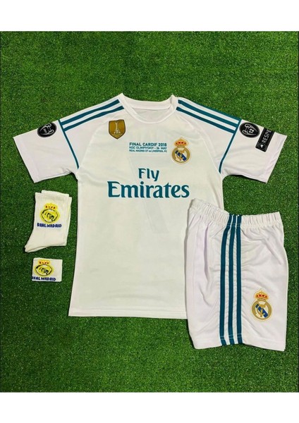 Cristiano Ronaldo Real Madrid Beyaz 2018 Şampiyonlar Ligi Çocuk Forma Takımı 4 Parça Forma Şort Çorap Bileklik Hediye fırsatları