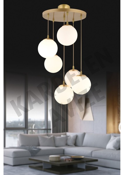 6'lı Beyaz Eskitme Sarkıt Tepsi Camlı Lüks Avize Seti