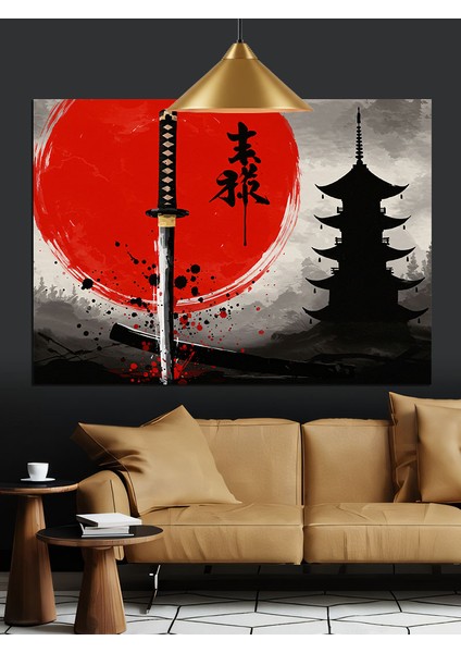 Kırmızı Japon Güneşi ve Pagoda Silueti Dekoratif Kanvas - Mdf Ahşap Tablo modelleri