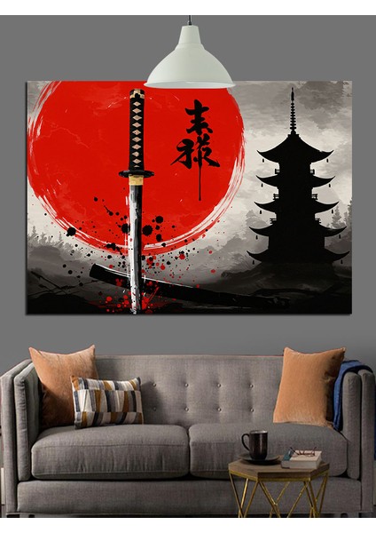 Kırmızı Japon Güneşi ve Pagoda Silueti Dekoratif Kanvas - Mdf Ahşap Tablo indirimleri