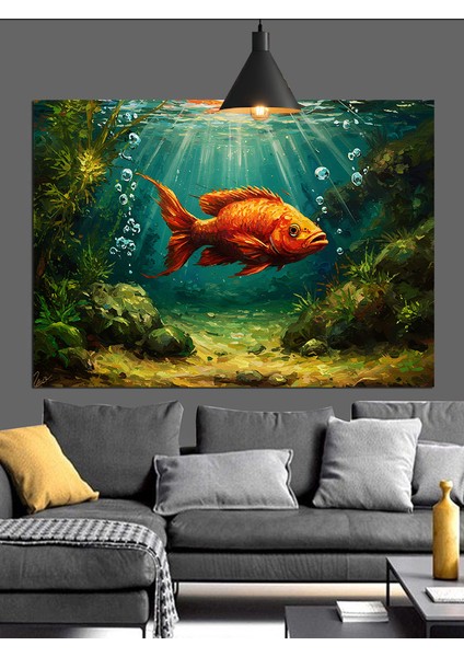 Deniz Dibinde Parlayan Altın Balık Akvaryumu Dekoratif Kanvas - Mdf Ahşap Tablo