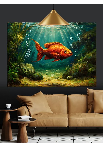 Deniz Dibinde Parlayan Altın Balık Akvaryumu Dekoratif Kanvas - Mdf Ahşap Tablo fiyatları