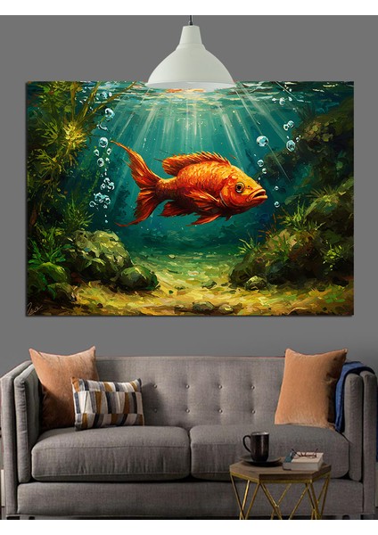 Deniz Dibinde Parlayan Altın Balık Akvaryumu Dekoratif Kanvas - Mdf Ahşap Tablo modelleri