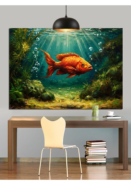 Deniz Dibinde Parlayan Altın Balık Akvaryumu Dekoratif Kanvas - Mdf Ahşap Tablo fırsatları