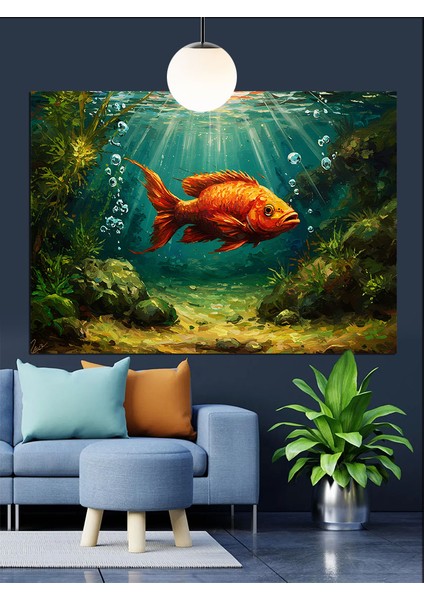Deniz Dibinde Parlayan Altın Balık Akvaryumu Dekoratif Kanvas - Mdf Ahşap Tablo indirimleri