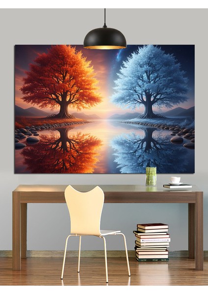Kırmızı Yansımalı Güz Ağacı Manzarası Dekoratif Kanvas - Mdf Ahşap Tablo