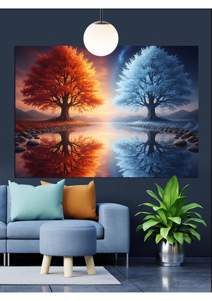 Kırmızı Yansımalı Güz Ağacı Manzarası Dekoratif Kanvas - Mdf Ahşap Tablo fiyatları