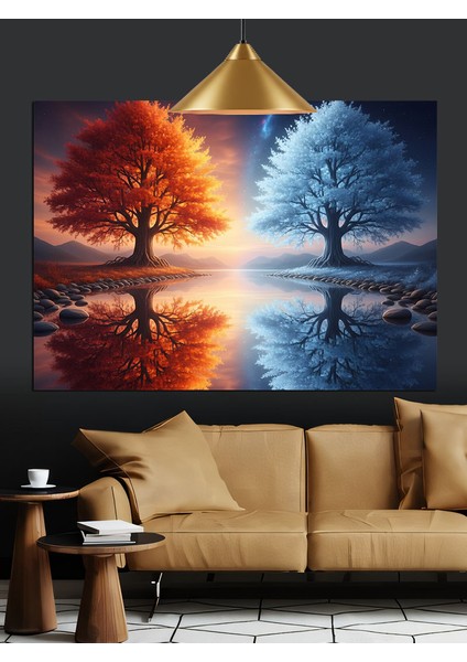Kırmızı Yansımalı Güz Ağacı Manzarası Dekoratif Kanvas - Mdf Ahşap Tablo modelleri