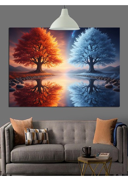 Kırmızı Yansımalı Güz Ağacı Manzarası Dekoratif Kanvas - Mdf Ahşap Tablo indirimleri