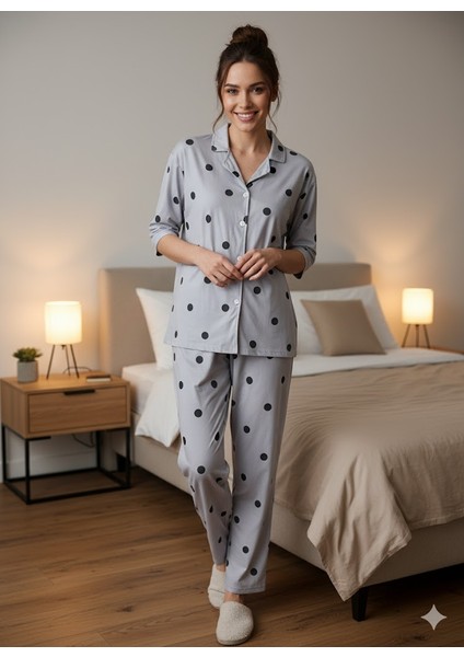 Kadın Düğme Detaylı Pijama Takımı