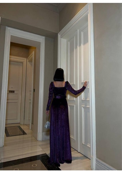 Esnek Simli Kadife Kare Yaka Taş ve Kemer Detaylı Abiye Elbise 583122 Mor modelleri