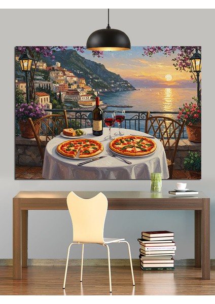 Deniz Manzaralı Italyan Pizza Masası Dekoratif Kanvas - Mdf Ahşap Tablo
