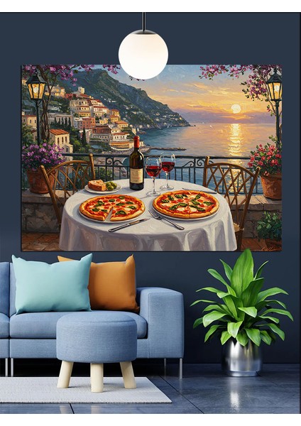 Deniz Manzaralı Italyan Pizza Masası Dekoratif Kanvas - Mdf Ahşap Tablo fiyatları