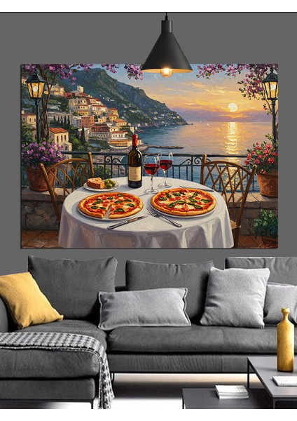 Deniz Manzaralı Italyan Pizza Masası Dekoratif Kanvas - Mdf Ahşap Tablo fırsatları