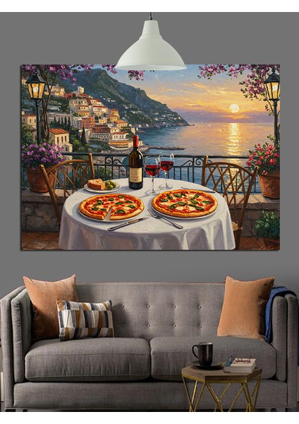 Deniz Manzaralı Italyan Pizza Masası Dekoratif Kanvas - Mdf Ahşap Tablo indirimleri