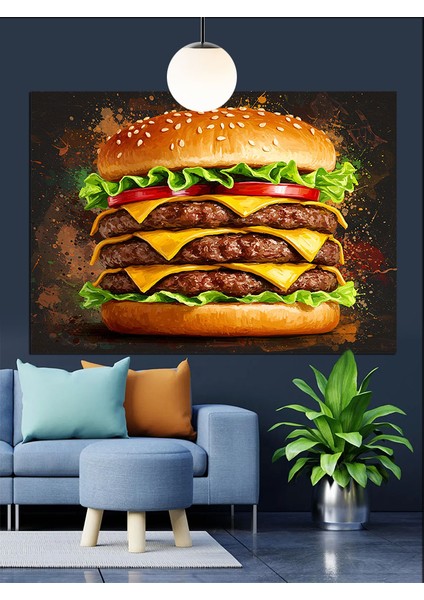 Büyük Boyutlu Lezzetli Çift Hamburger Dekoratif Kanvas - Mdf Ahşap Tablo