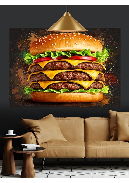 Büyük Boyutlu Lezzetli Çift Hamburger Dekoratif Kanvas - Mdf Ahşap Tablo fiyatları