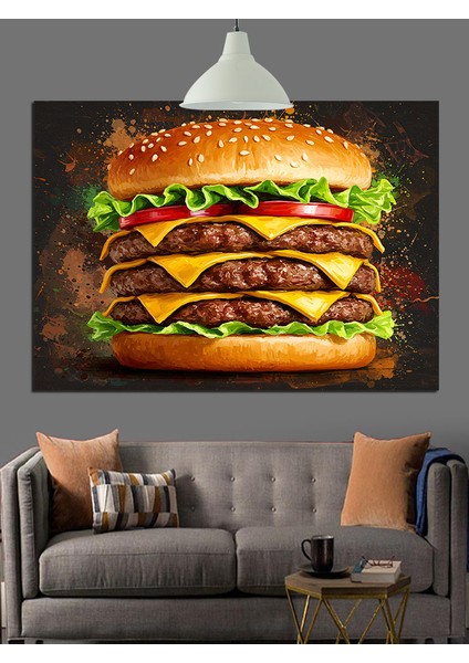 Büyük Boyutlu Lezzetli Çift Hamburger Dekoratif Kanvas - Mdf Ahşap Tablo fırsatları