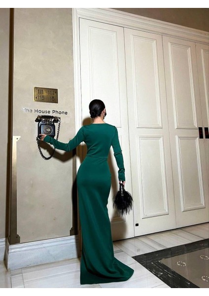 Scuba Kumaş Kruvaze Yaka Abiye Elbise - Bel Büzgülü Şık Tasarım Zümrüt 583098 modelleri