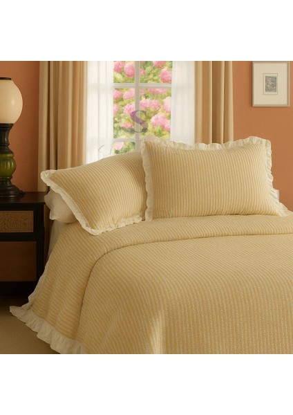 Sarı-Bej % 100 Pamuk Fırfır Iplik Boyalı Çift Kişilik Nevresim Takımı,modern Çizgili Nevresım Seti