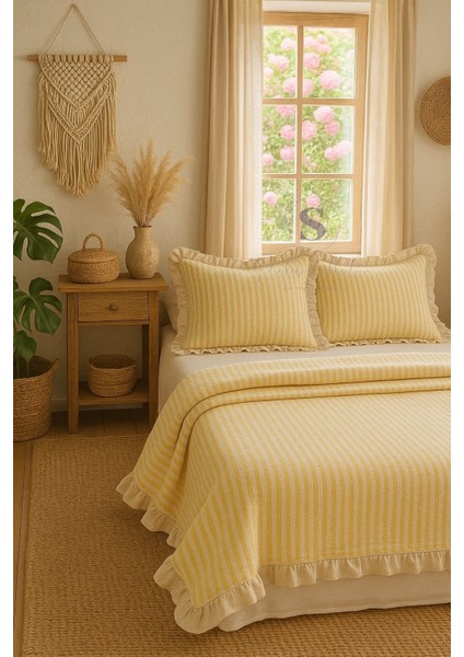 Sarı-Bej % 100 Pamuk Fırfır Iplik Boyalı Çift Kişilik Nevresim Takımı,modern Çizgili Nevresım Seti fiyatları