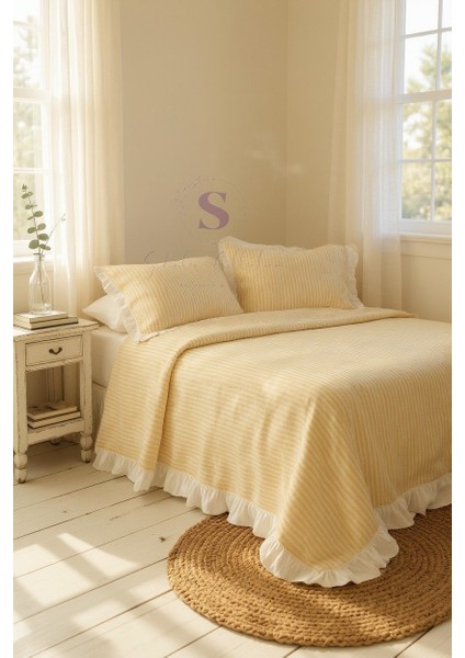 Sarı-Bej % 100 Pamuk Fırfır Iplik Boyalı Çift Kişilik Nevresim Takımı,modern Çizgili Nevresım Seti modelleri