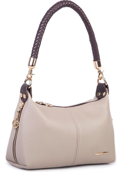 Kadın Mini Omuz ve Çapraz Çanta Örgülü Askılı (En: 23 cm , Boy: 14 Cm) Kum Kahve Lopez