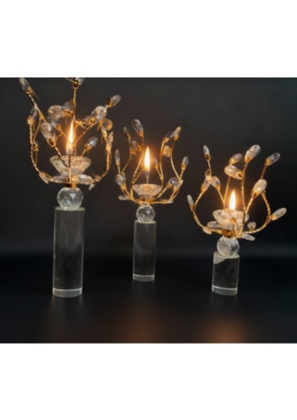 Kristal Taşlı Gold Şamdan 3’lü Set modelleri