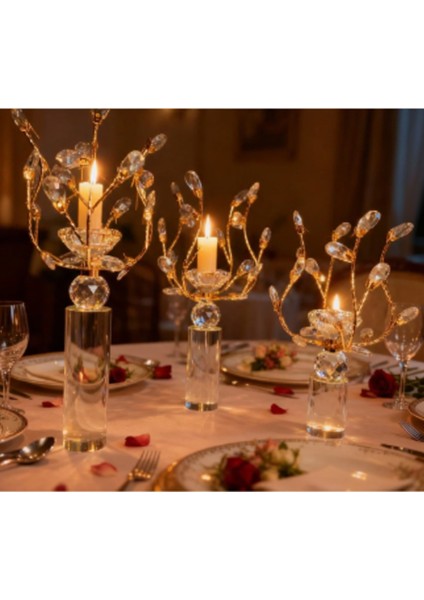 Kristal Taşlı Gold Şamdan 3’lü Set indirimleri