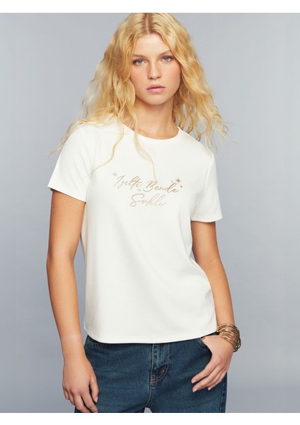 Yeni Sezon Bisiklet Yaka Slogan Baskılı Kadın Tişört