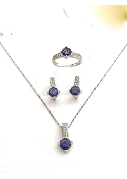 Kadın 925 Ayar Gümüş Lacivert Tek Taşlı Takı Seti fiyatları
