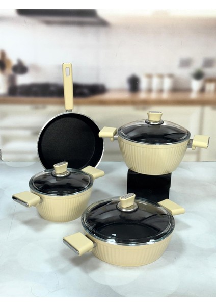 Giallo Nonstick 7 Parça Granit Döküm Tencere Seti Krem