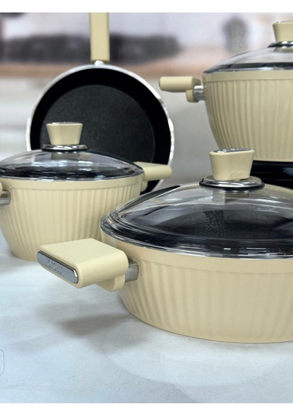 Giallo Nonstick 7 Parça Granit Döküm Tencere Seti Krem modelleri