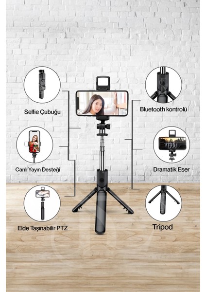 LED Işıklı Selfie Çubuğu Bluetooth Kumandalı Kablosuz Tripot Selfie Monopod Selfie Stick
